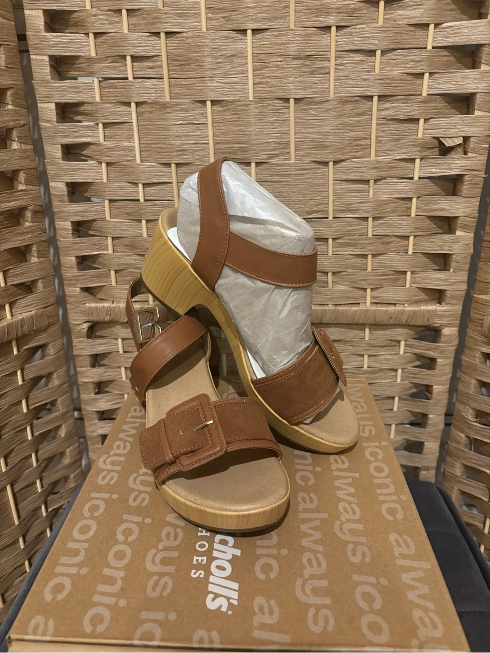 Dr. Scholl's Brown Leather-Look Wedge Sandals with Buckle